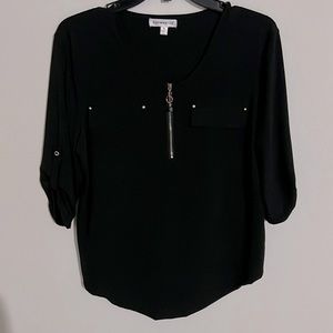 Roommates 3/4 Sleeve 1/4 Zip Blouse Size S - Black/Gold